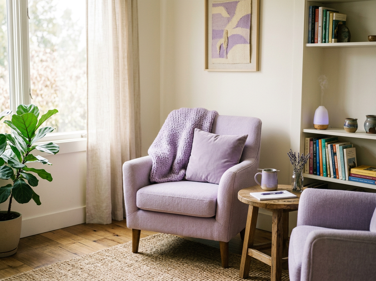 Cozy living room with a purple armchair, lavender blanket and pillow, a wooden side table with a lavender mug and book, a bookshelf with books and decorative items, a window with sheer curtains, a potted plant, and a framed artwork of a bird on the wall.