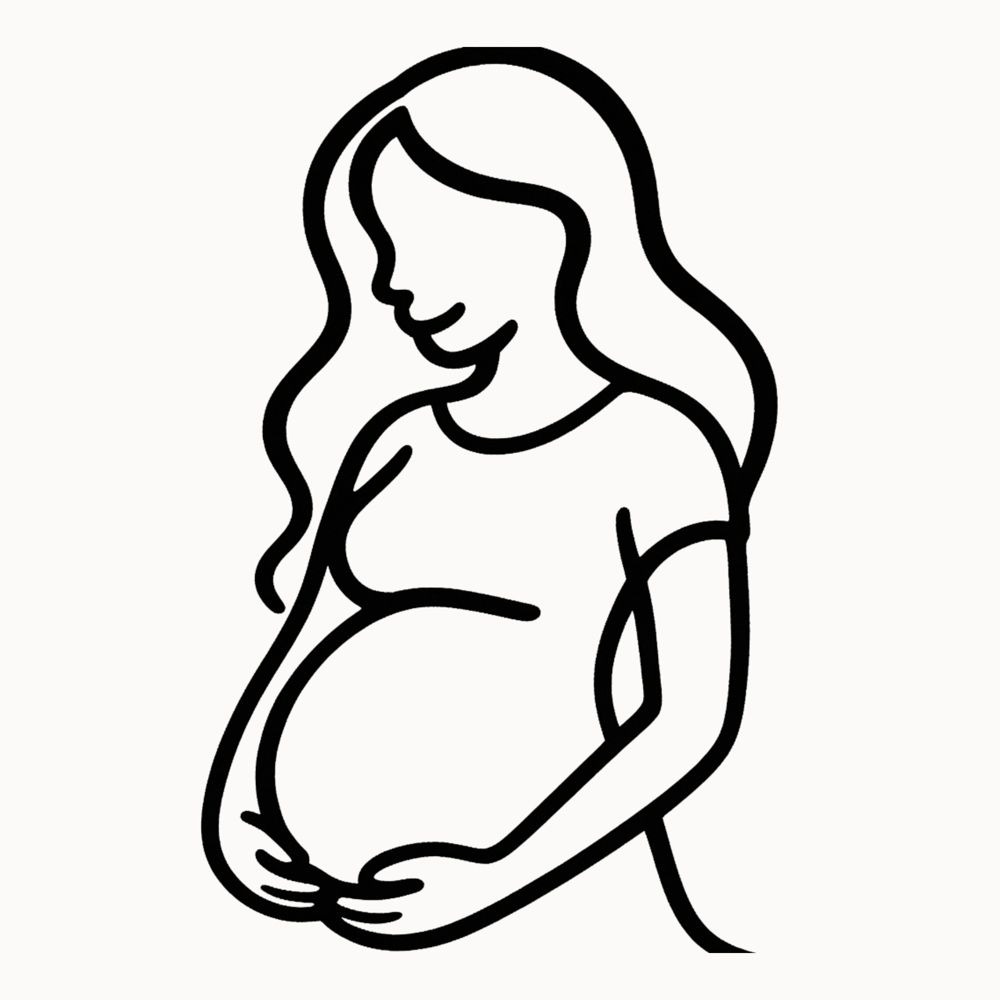 Line drawing of a pregnant woman, with long hair, smiling with her eyes closed.