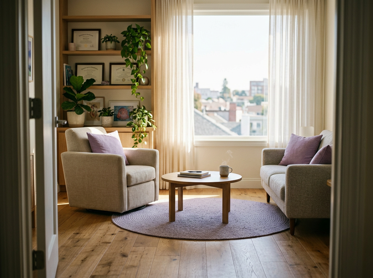 Sunlit living room with two light-colored armchairs and a sofa, each with purple pillows, a round wooden coffee table with a mug and books, a purple rug, a large window with sheer curtains, and built-in shelves with framed certificates, books, and potted plants.