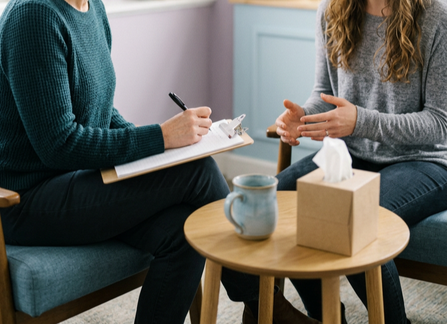 A woman is sitting on a sofa during a therapy session, talking to a therapist who is taking notes on a clipboard. There is a small round wooden table with a tissue box and a mug between them.