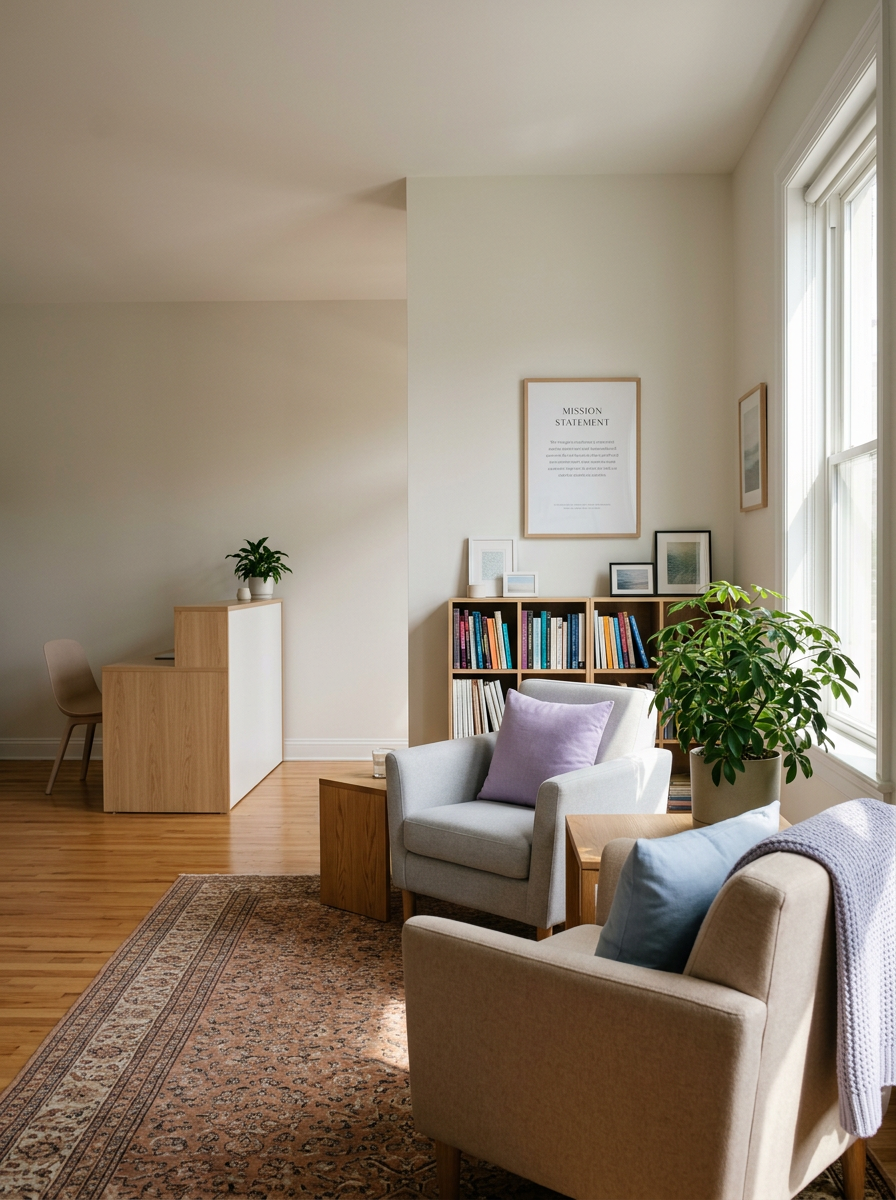 Bright living room with beige couch and armchair, wooden side tables, large window with sunlight, bookshelf with colorful books, framed artwork, and potted plants.