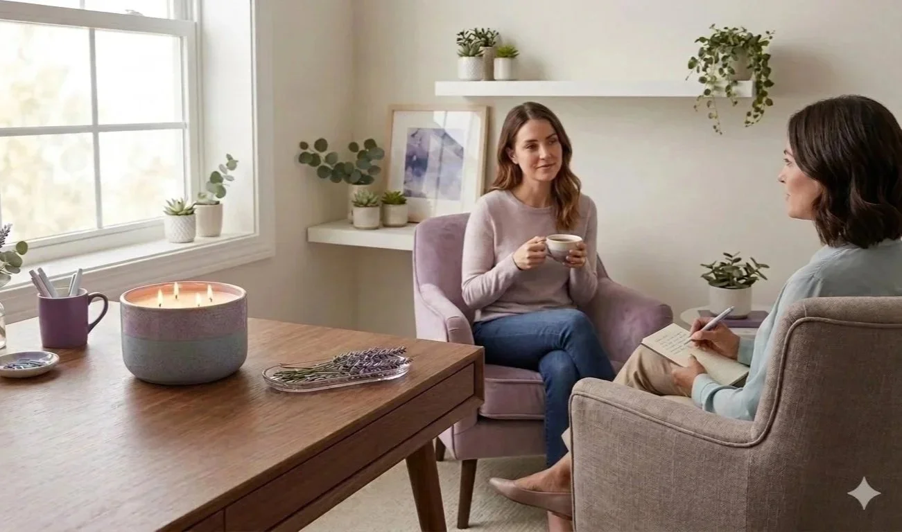 Two women having a conversation in a cozy, well-lit room, with one woman taking notes in a journal and the other holding a cup, surrounded by home decor and plants.