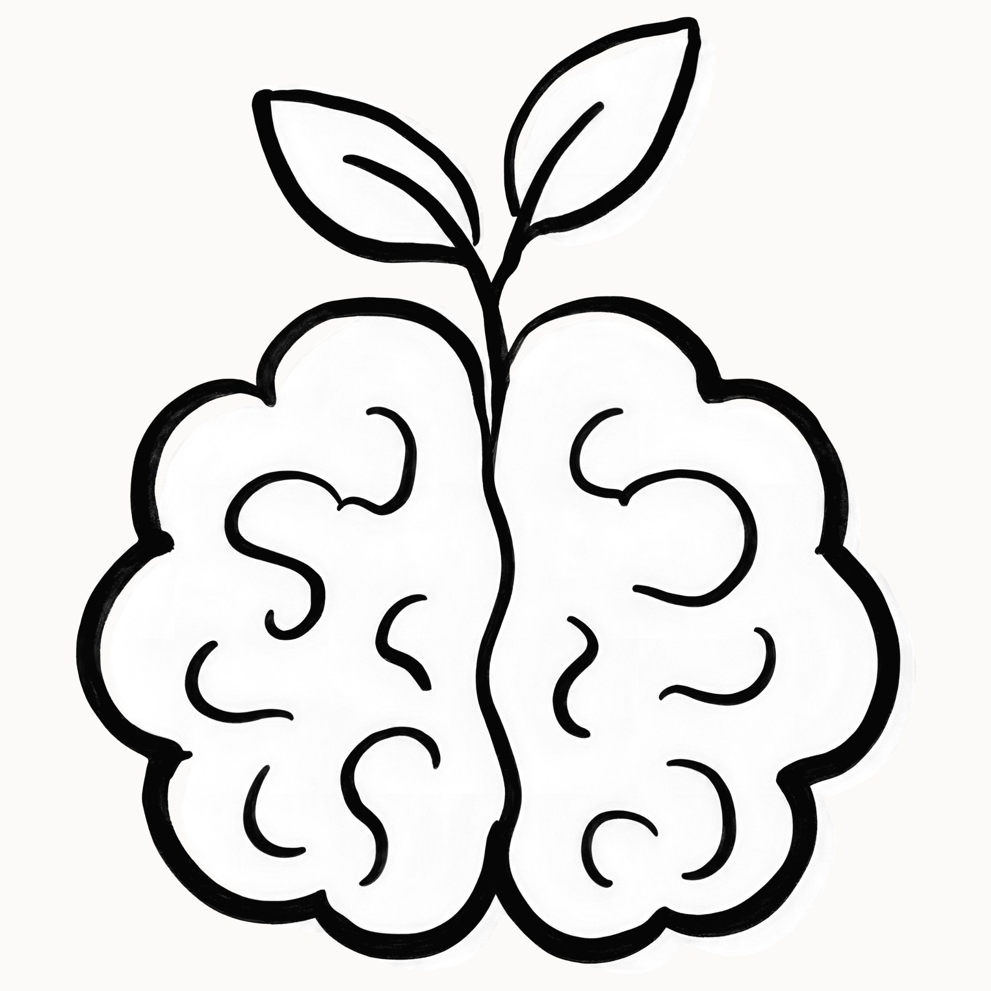 A black and white line drawing of a brain with a plant sprouting from the top, symbolizing growth or knowledge.