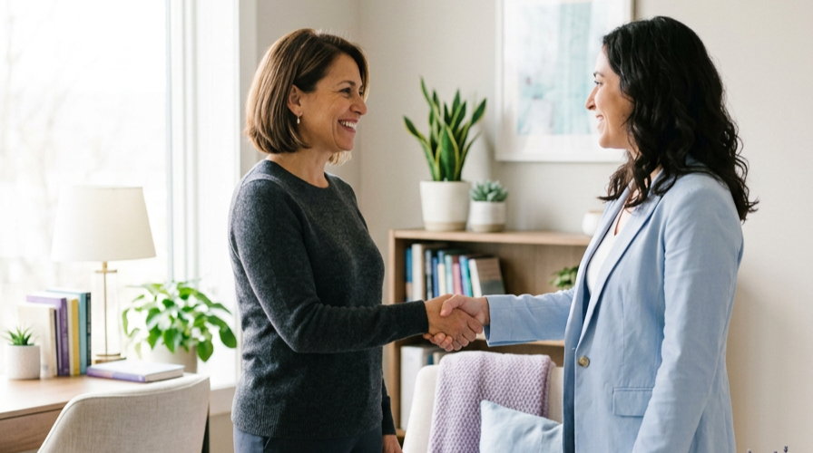 Two women smiling and shaking hands in an office