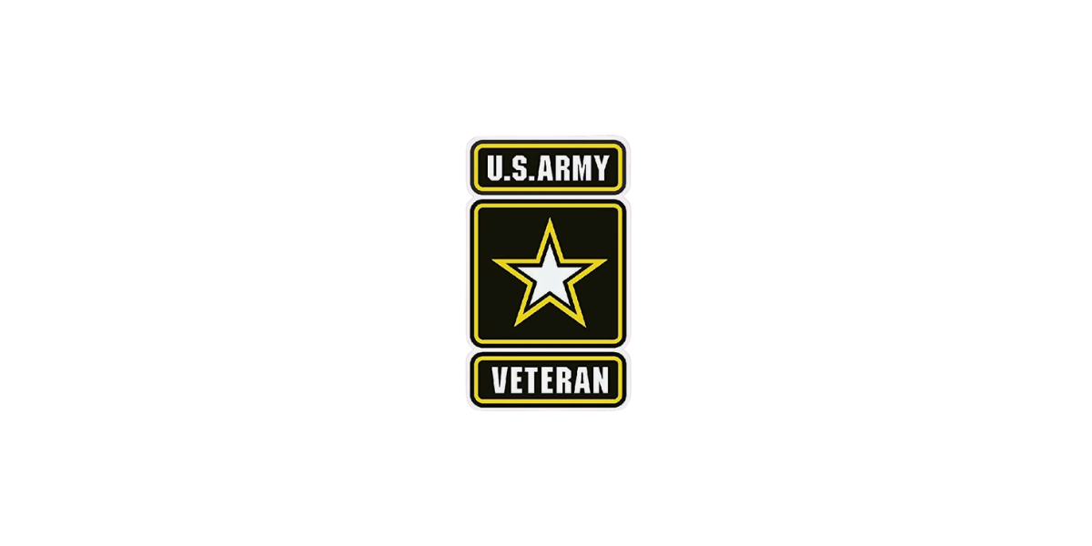 U.S. Army veteran badge with a black and yellow star emblem, bordered in white, set against a background with pink and white stripes.