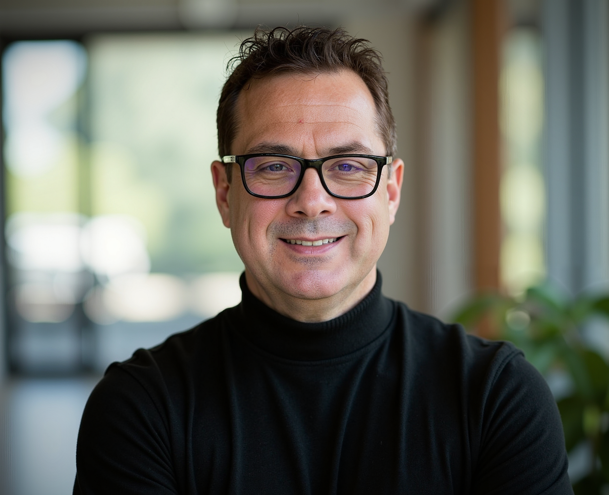 A smiling man with dark hair and glasses wearing a black turtleneck in an indoor setting with natural light and greenery in the background.