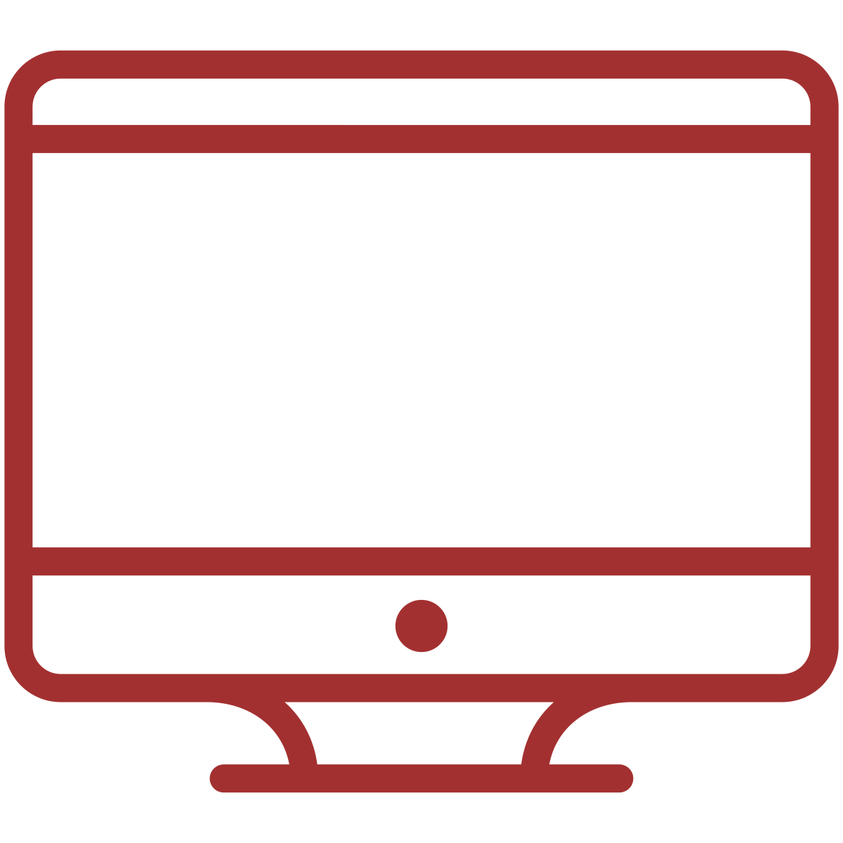 Outline of a computer monitor with a black screen and a red border, including a round button at the bottom center.