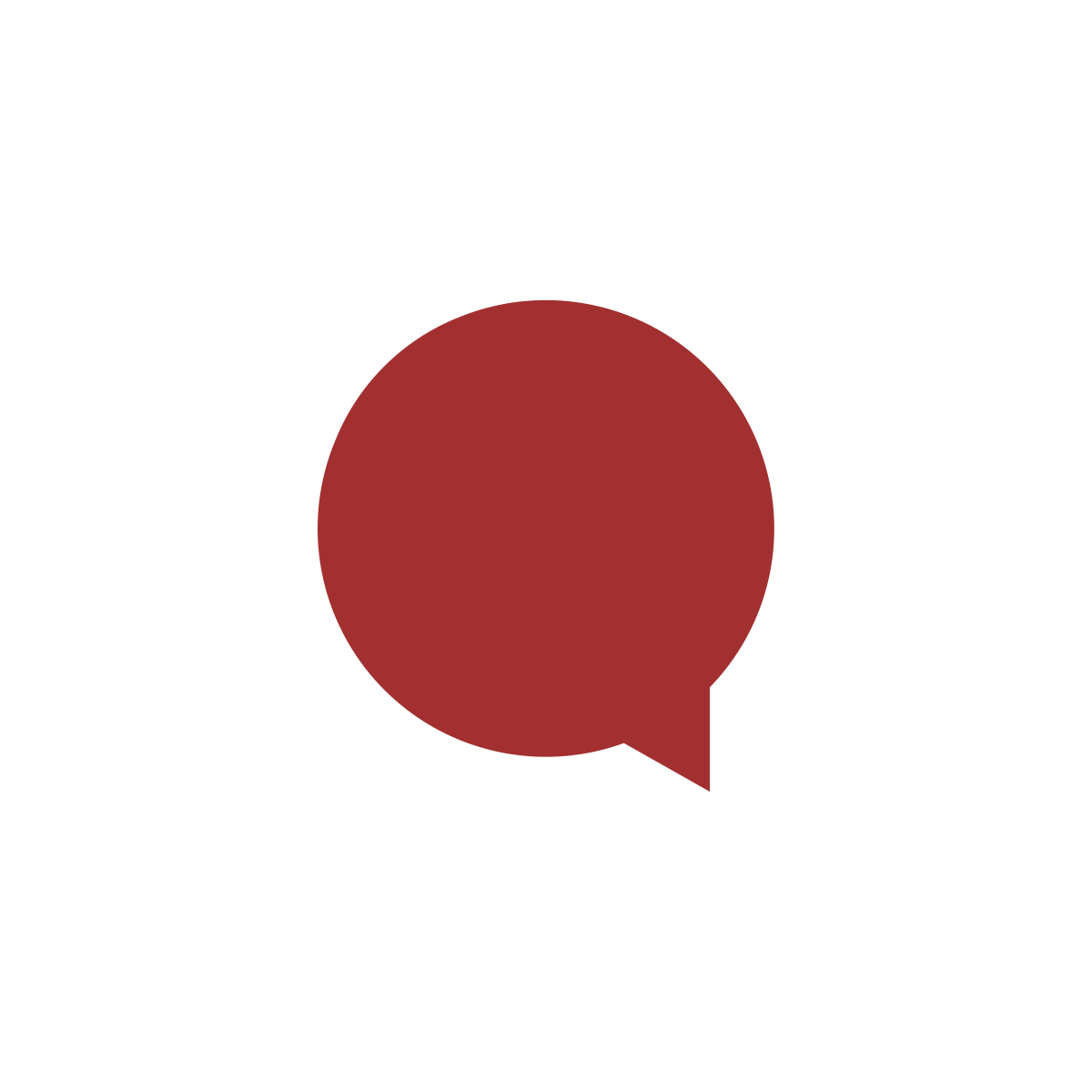 A black icon of a speech bubble with a dark red circle inside it.