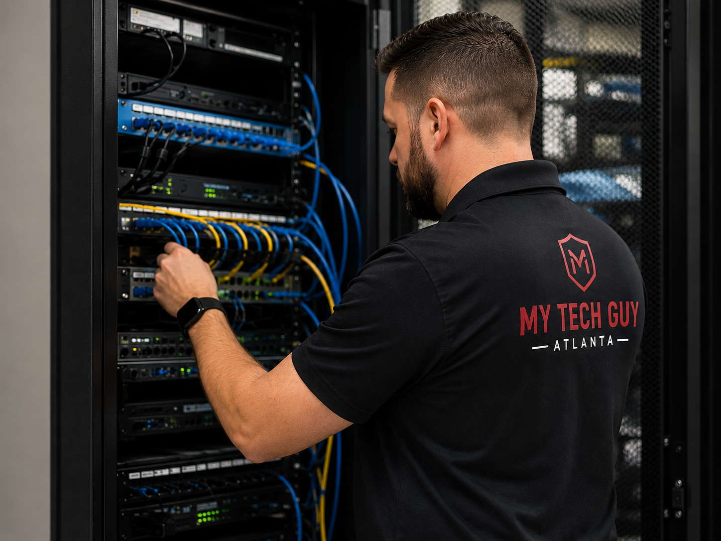 A technician working on a server rack with network cables in a data center, wearing a black polo shirt with "MY TECH GUY ATLANTA" printed on the back.