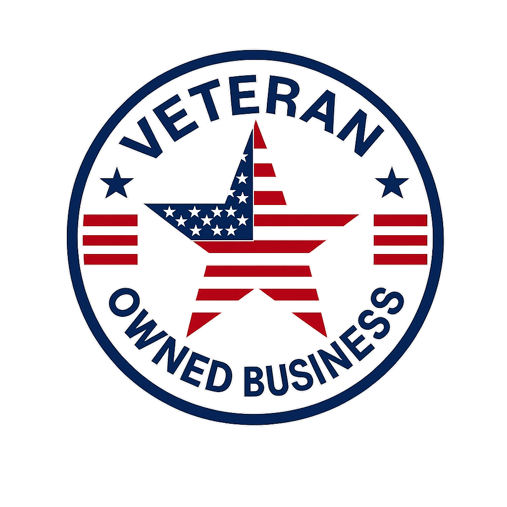 A circular badge with a patriotic design that features a star with an American flag pattern. The star is overlaid by a clock hand, and the badge reads 'Veteran Owned Business' in blue letters against a grey background.
