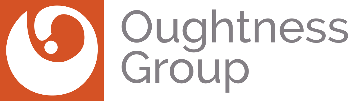 Logo of Oughtness Group featuring an abstract design with a black and orange circular symbol and the company name in grey text.