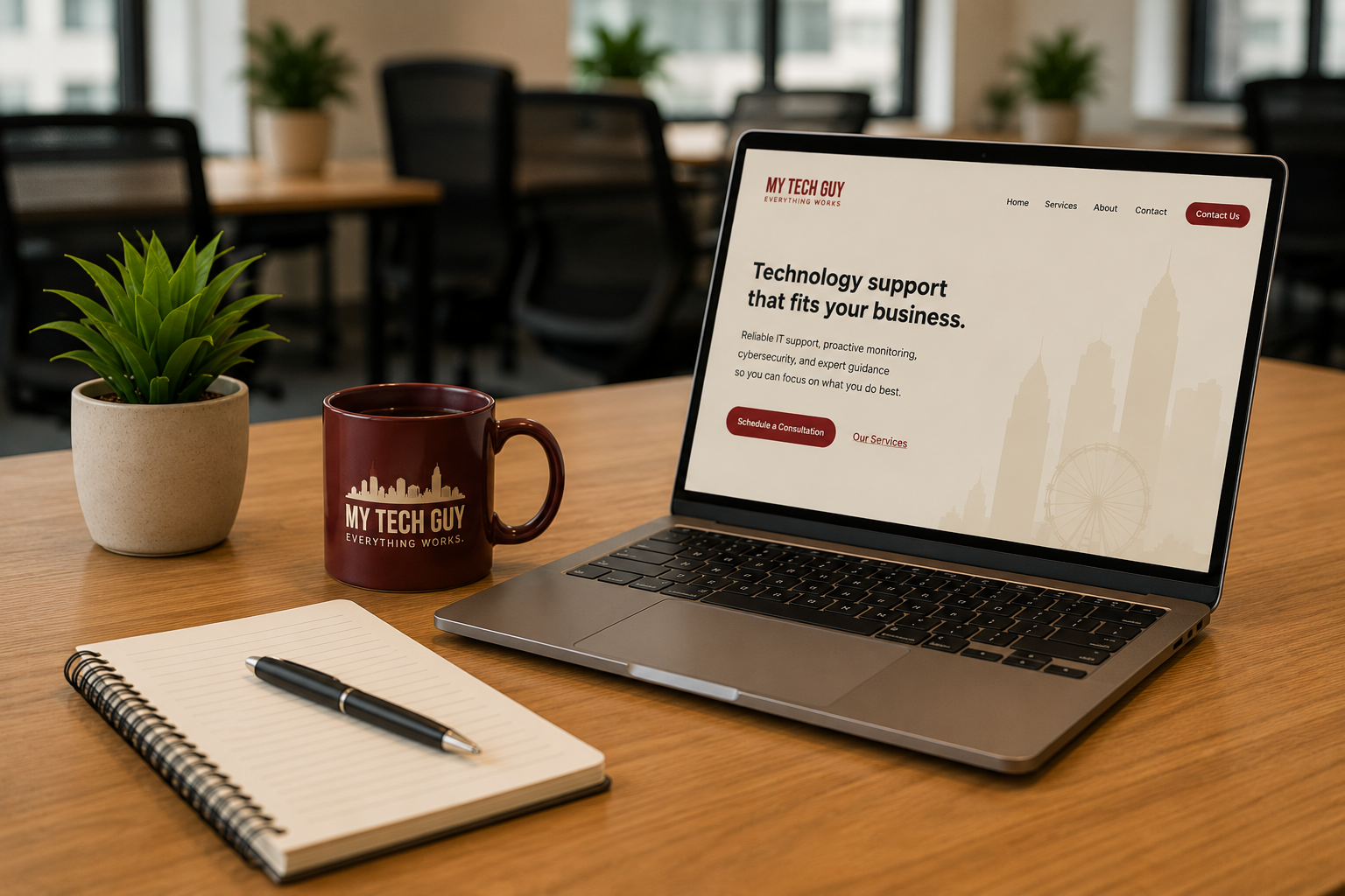 A desk with a laptop displaying a website related to technology support, a potted green plant, a maroon coffee mug with the words 'My Tech Guy Everything Works,' a notebook, and a pen.