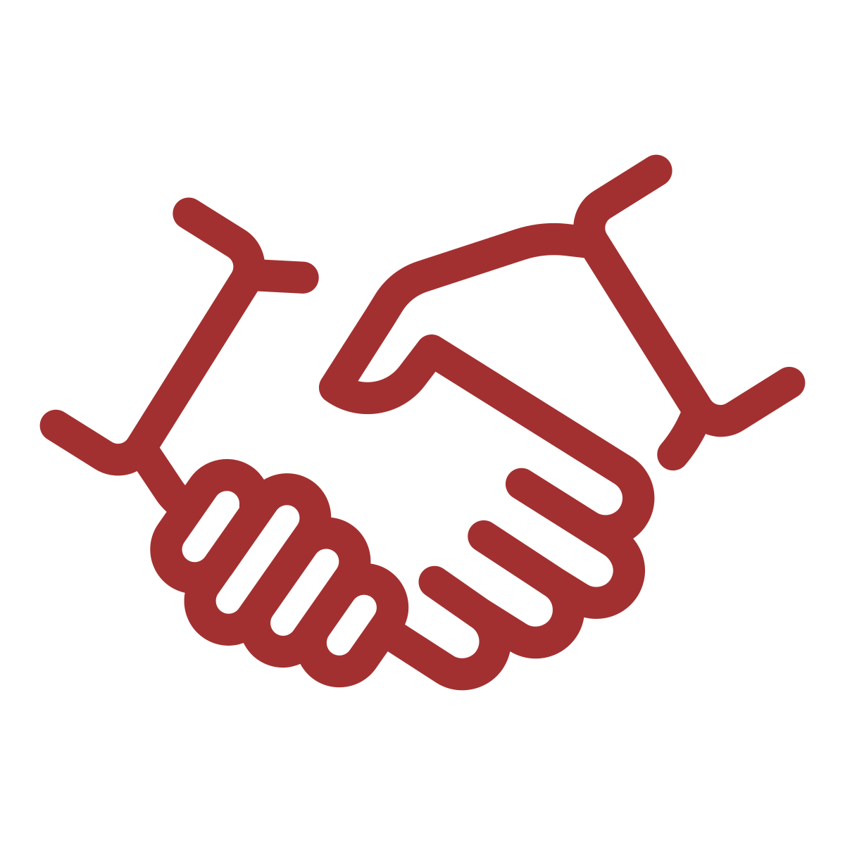 Outline drawing of two hands shaking, with lines suggesting a handshake