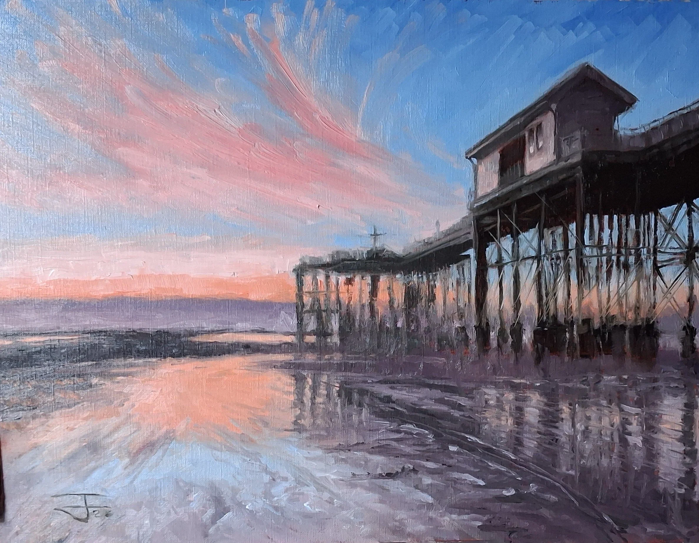 "Penarth Pier (Sunset) 001" - Oil on 290gsm fine linen oil paper - £160