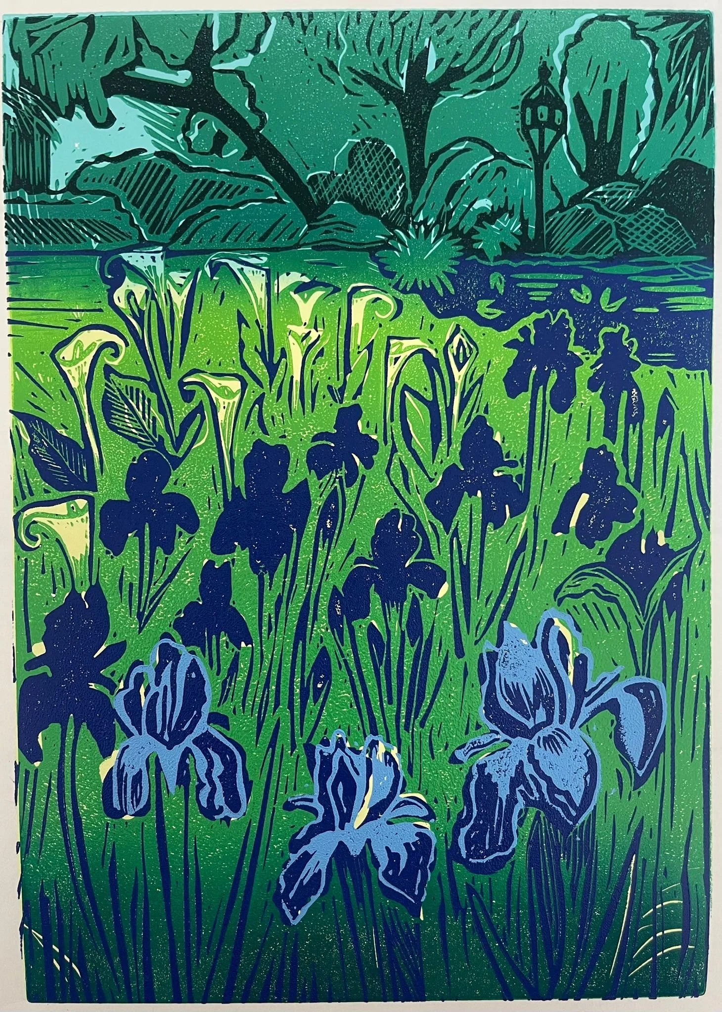 "Blie Irises" - Multiblock linoprint, Caligo Safewash Ink on paper - £100