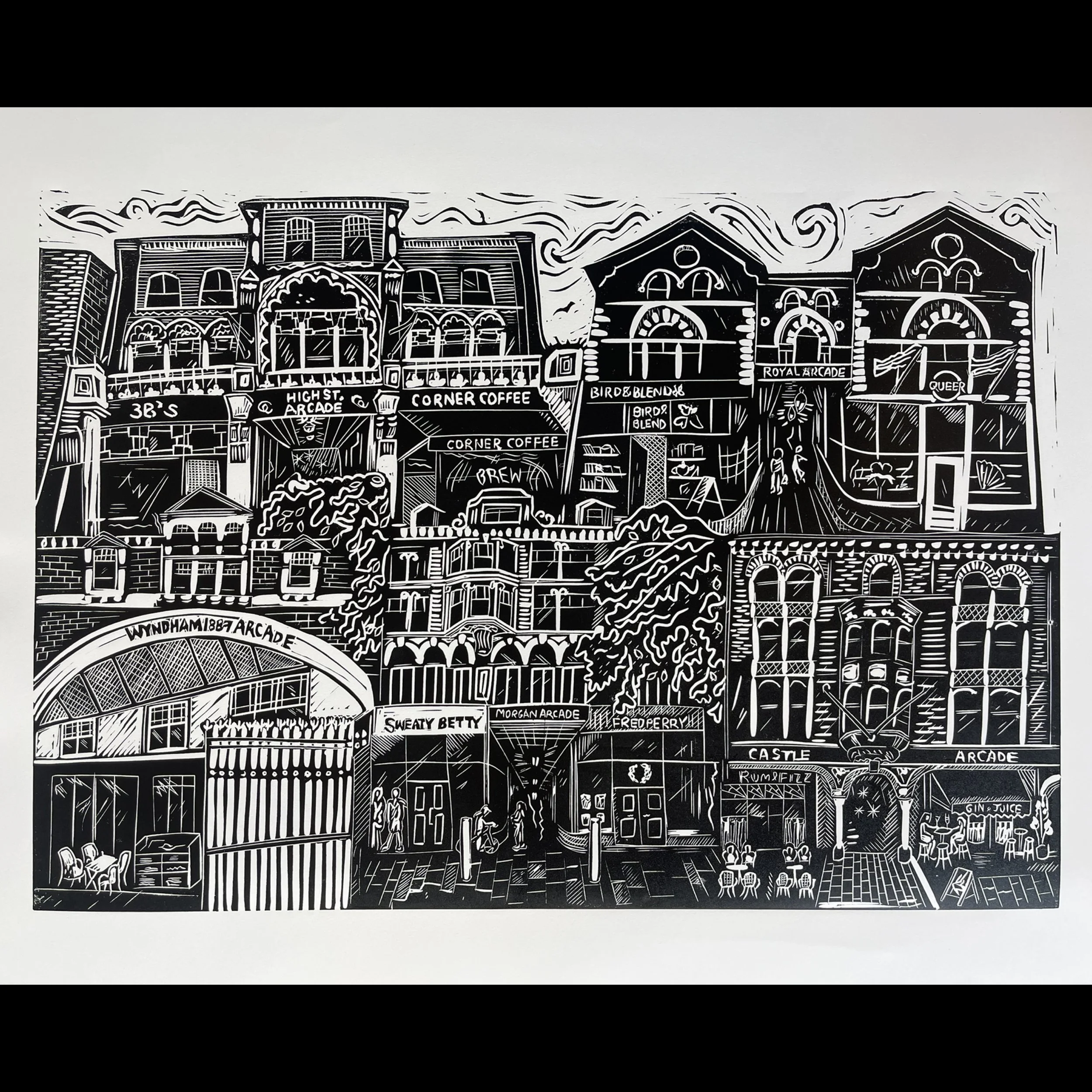 "Cardiff City Of Arcades" - Linoprint, Caligo Safewash ink on paper - £300