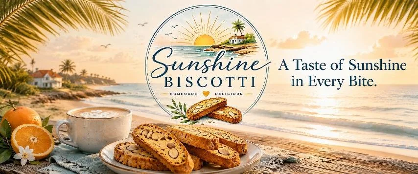 Sunshine Biscotti handmade gourmet biscotti with Florida-inspired flavors on a coastal beach background.