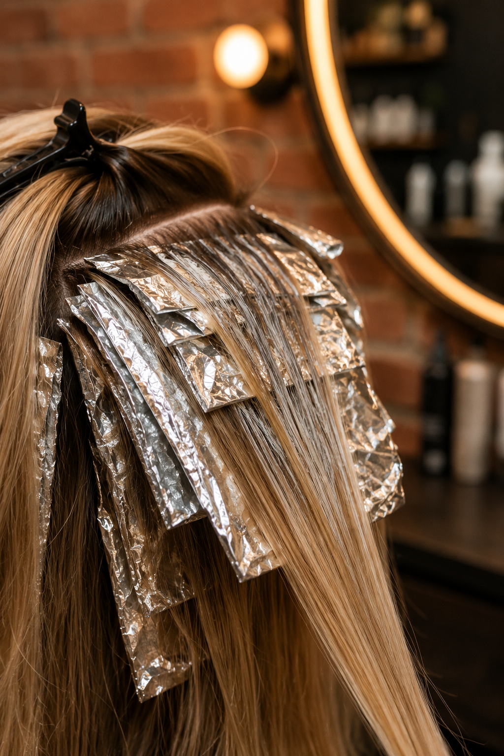 A person is getting their hair colored at a salon, with aluminum foil strips applied to sections of their blonde hair.