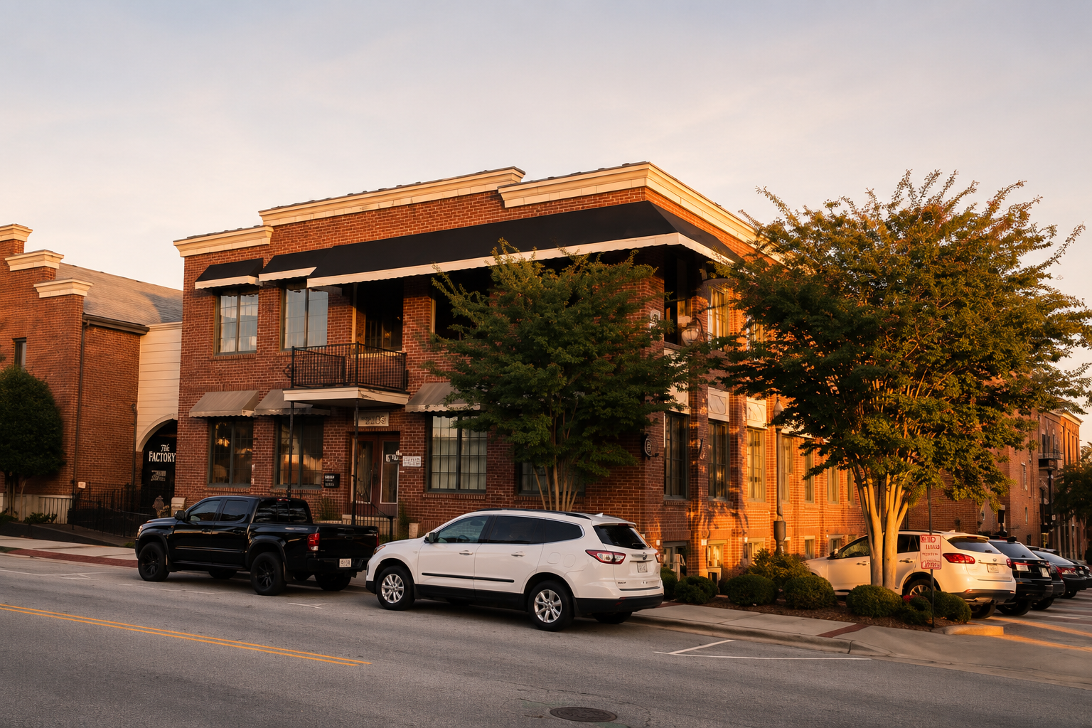 A brick building with black awnings, large windows, and a small balcony, set on a city street during sunset. Several parked cars are visible in front, with trees and a parking signage nearby.