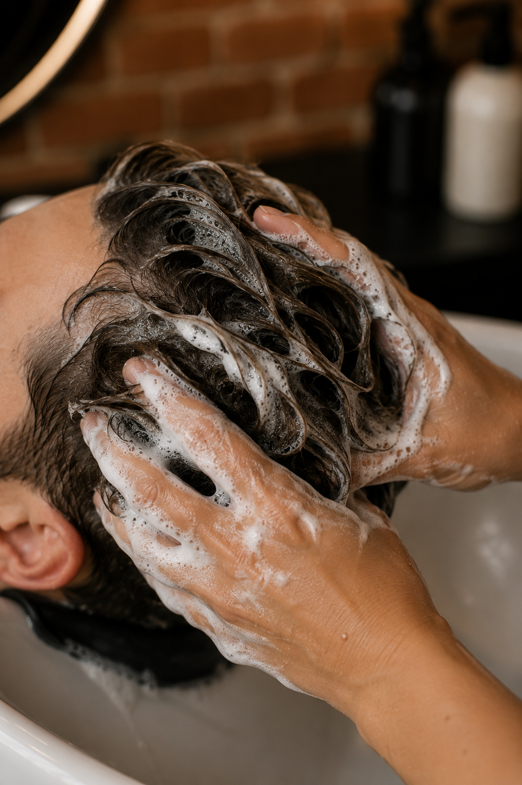 Person receiving a head wash, with hair covered in shampoo and foam, lying back in a salon sink.