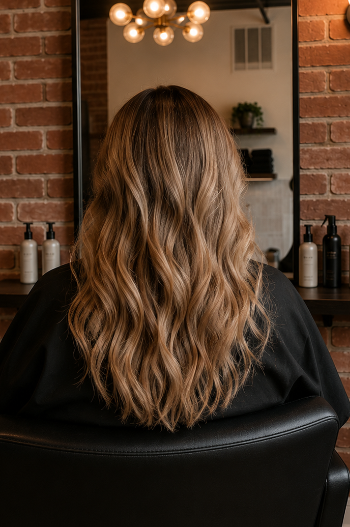 Back of a woman with wavy, light brown hair sitting in a salon chair in front of a mirror.