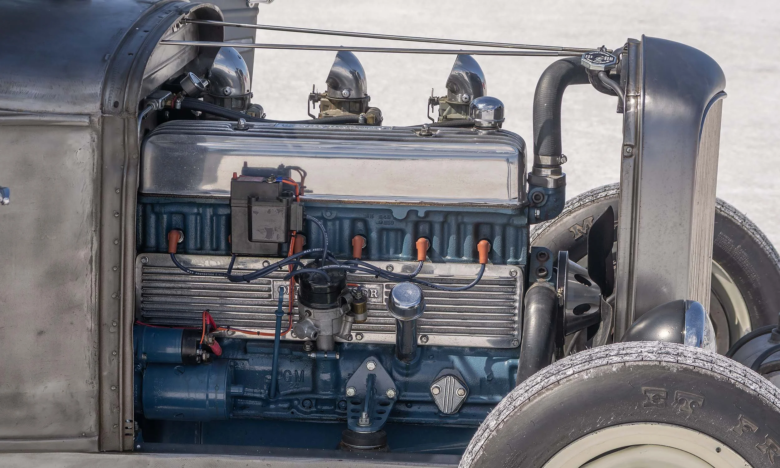 Close-up of a vintage car engine. Chevy 6