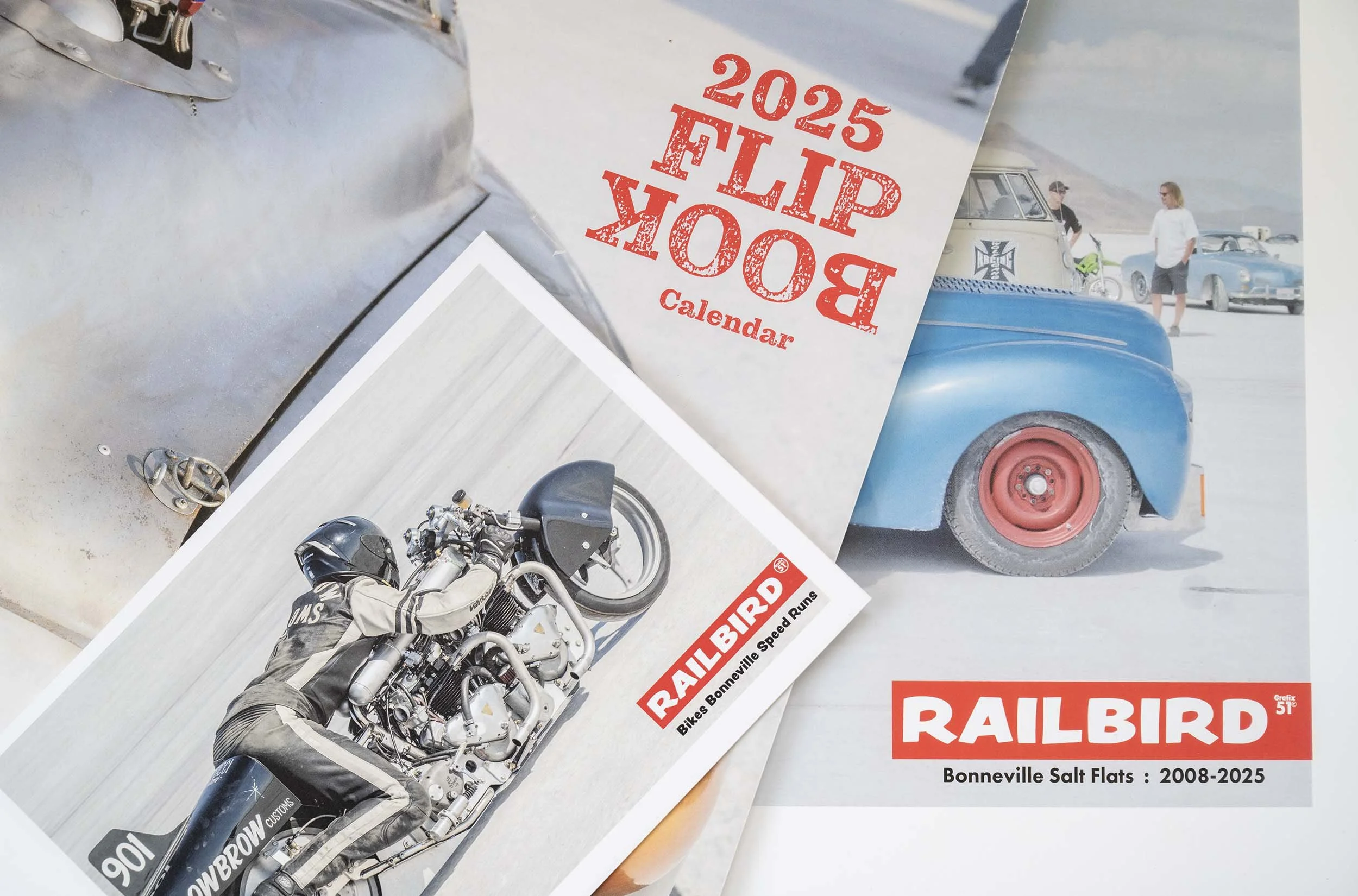 A collage of vintage cars, motorcycles, and event flyers for the Railbird Bonneville Salt Flats racing event from 2008 to 2025, featuring a motorcycle rider and a vintage car with two people standing nearby, on a salt flat landscape.