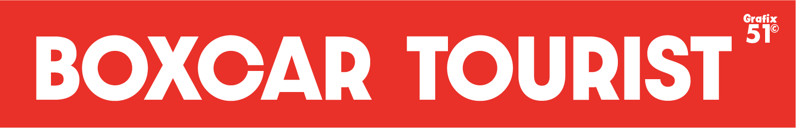 Text on a red background reading "BOXCAR TOURIST" with a small logo "Grafix 51" in the top right corner.