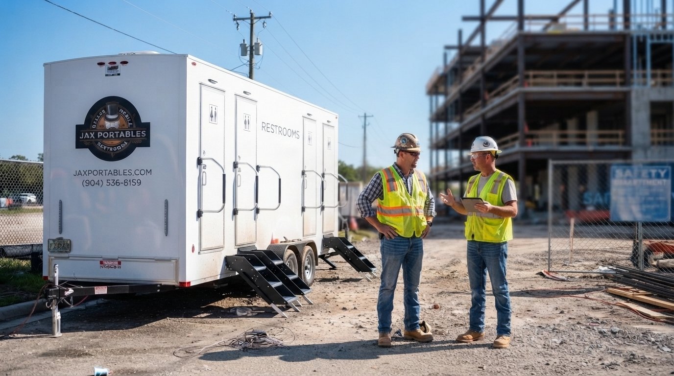 Two construction workers wearing yellow safety vests and helmets standing on a construction site, looking at a clipboard, near a portable restroom trailer and an unfinished building.