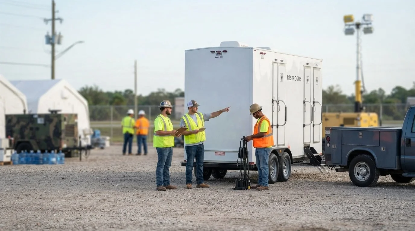 Construction workers wearing safety vests and helmets, discussing near a portable restroom trailer and service vehicle in an outdoor setting.