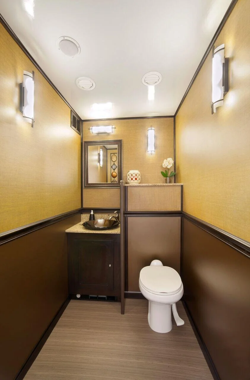 Small bathroom with yellow and brown walls, a white toilet, a small sink with a dark cabinet, a mirror above the sink, and a decorative flower in a vase on a partition wall.