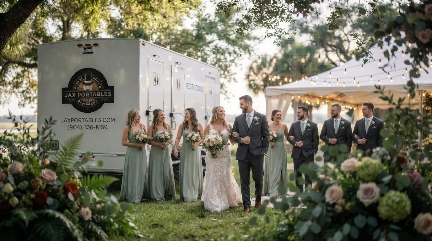 A bride and groom walking arm-in-arm with members of the wedding party, including six bridesmaids and groomsmen, outdoors during sunset, with a large floral arrangement and a food truck nearby.