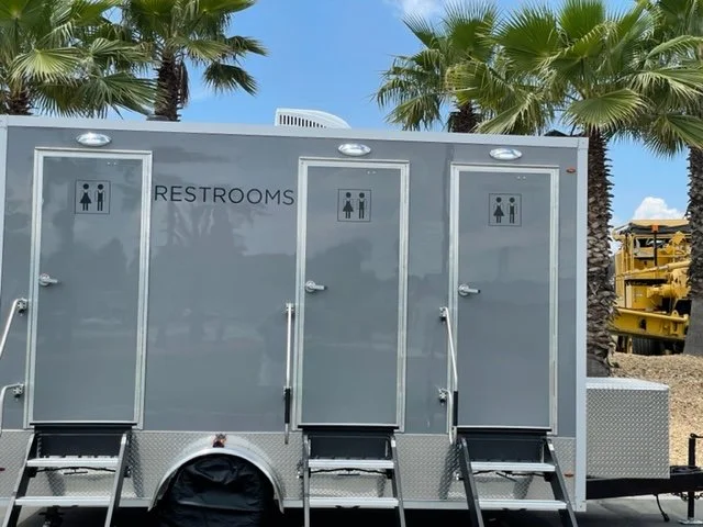 Three portable restrooms with male, female, and combined symbols, set against palm trees and a partly cloudy sky.