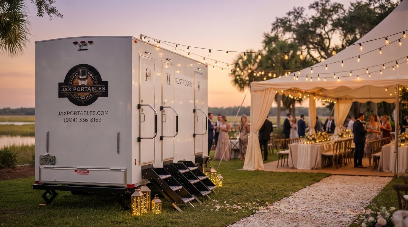 An outdoor wedding reception setup near water at sunset, with a white tent, string lights, and tables with floral centerpieces, and a portable restroom trailer in the foreground.