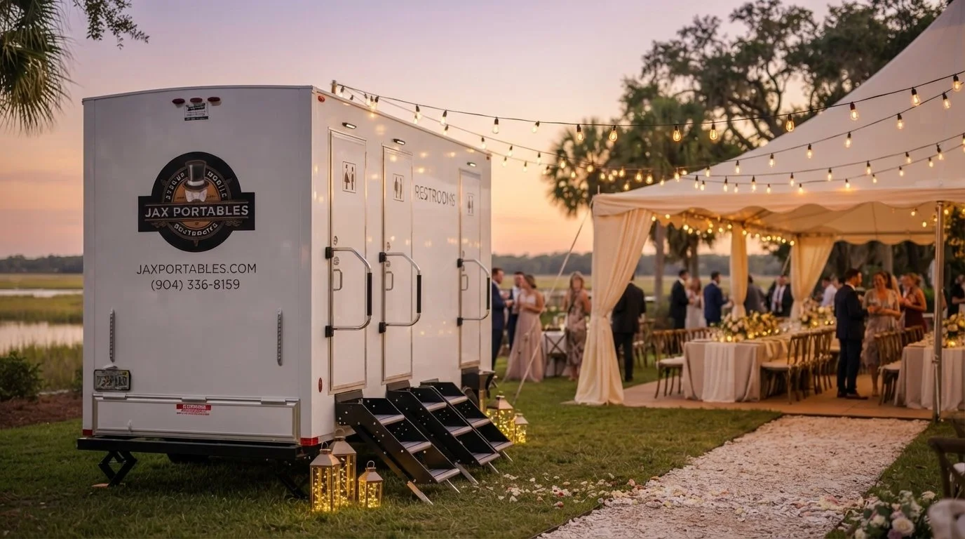 A mobile restroom trailer with a jet portables logo, set up outdoors at a wedding reception with string lights, a tent, and people dancing and talking in the background during sunset.