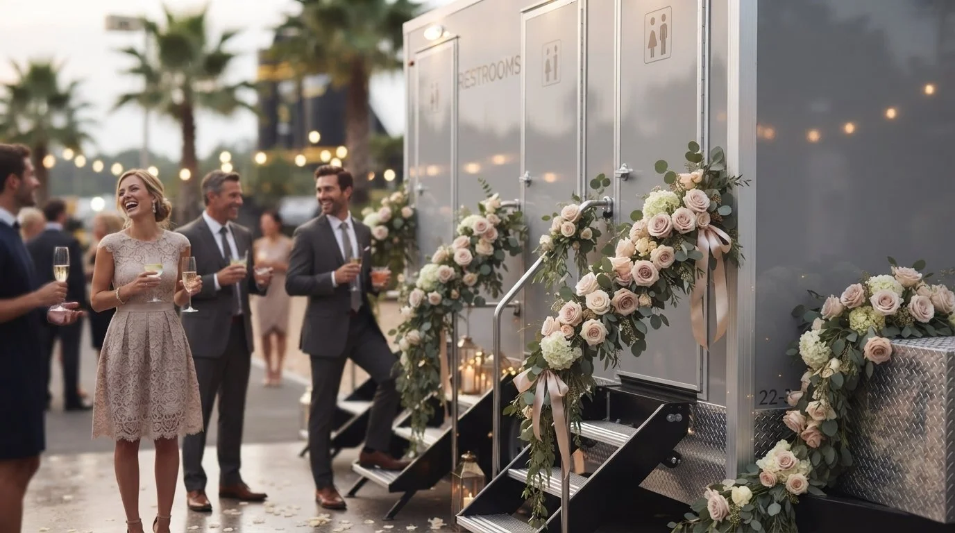 People celebrating at an outdoor wedding reception near a decorated portable restroom trailer with floral arrangements.