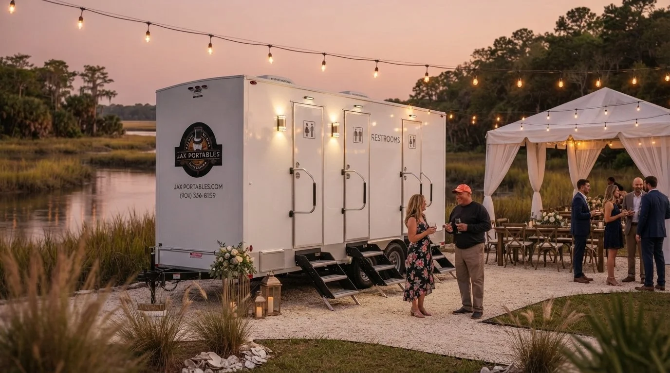 A wedding reception outdoors at sunset with a portable restroom trailer and a white tent with guests talking and dining. String lights illuminate the scene near a body of water and trees.