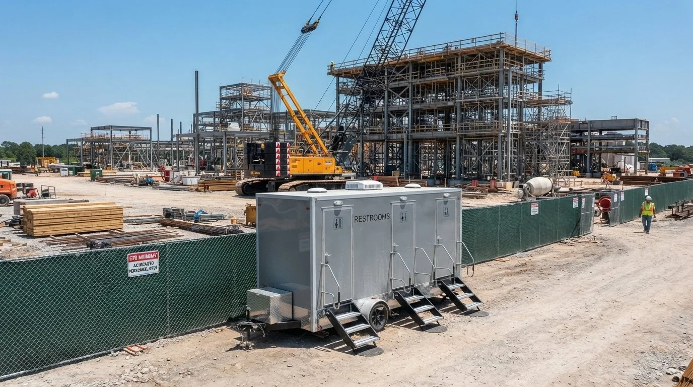 Construction site with scaffolding and a large crane, with temporary restrooms in the foreground, and workers in safety vests and helmets.
