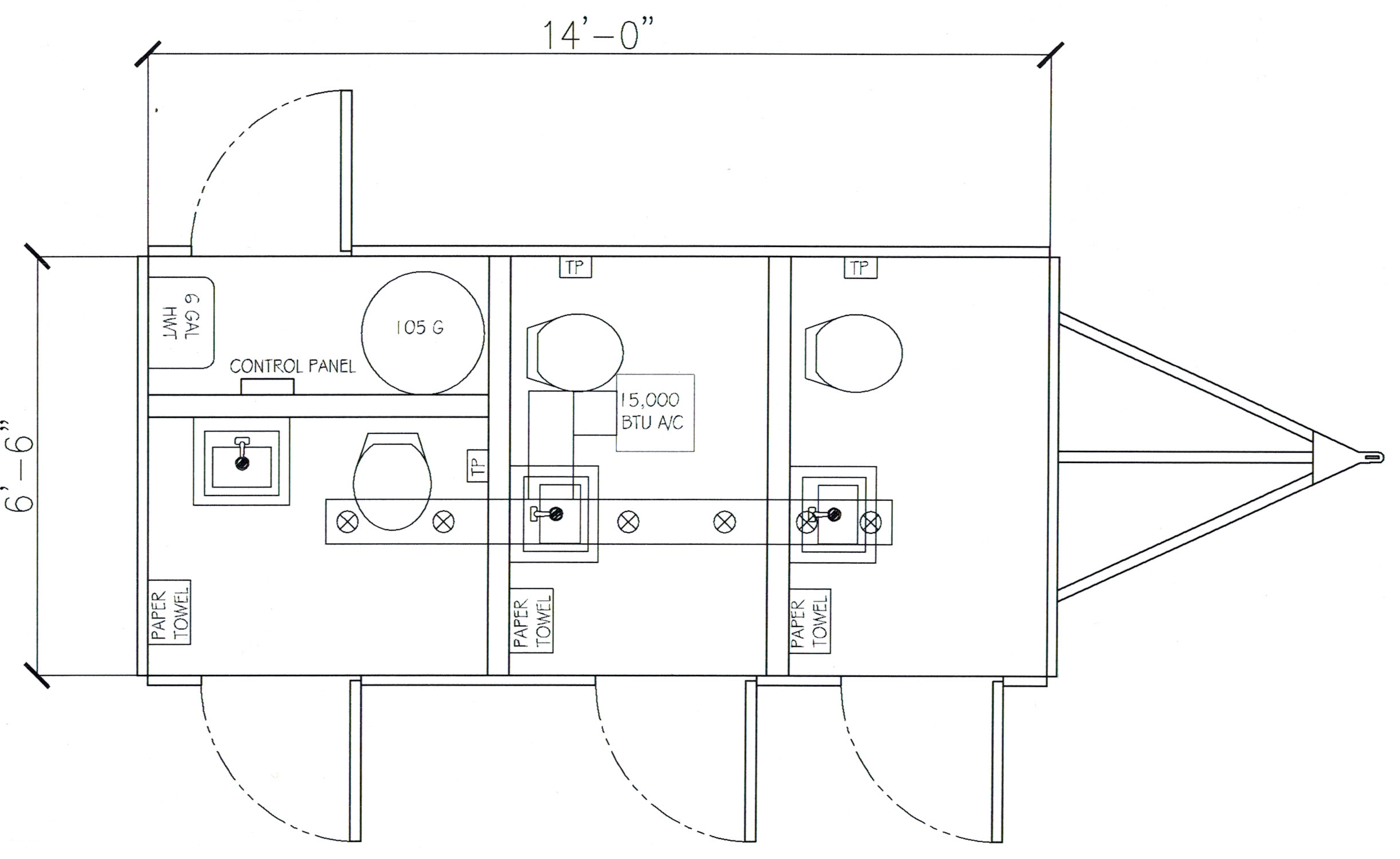 Architectural blueprint of a building layout showing rooms, walls, doors, and labels including 6-gallon hot water heater, control panel, paper towel dispensers, air conditioning unit, and various plumbing fixtures.