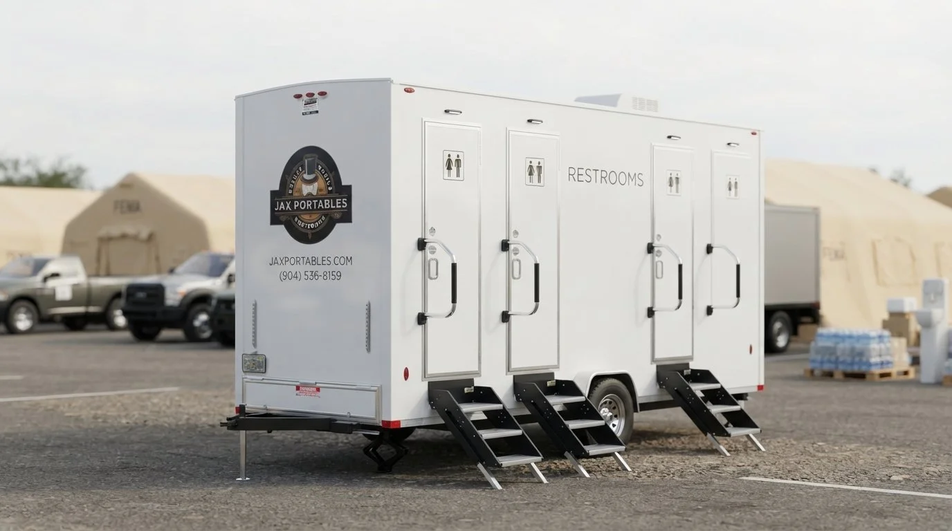 Mobile restroom trailers with multiple doors and steps, parked in an outdoor lot with tents and vehicles in the background.