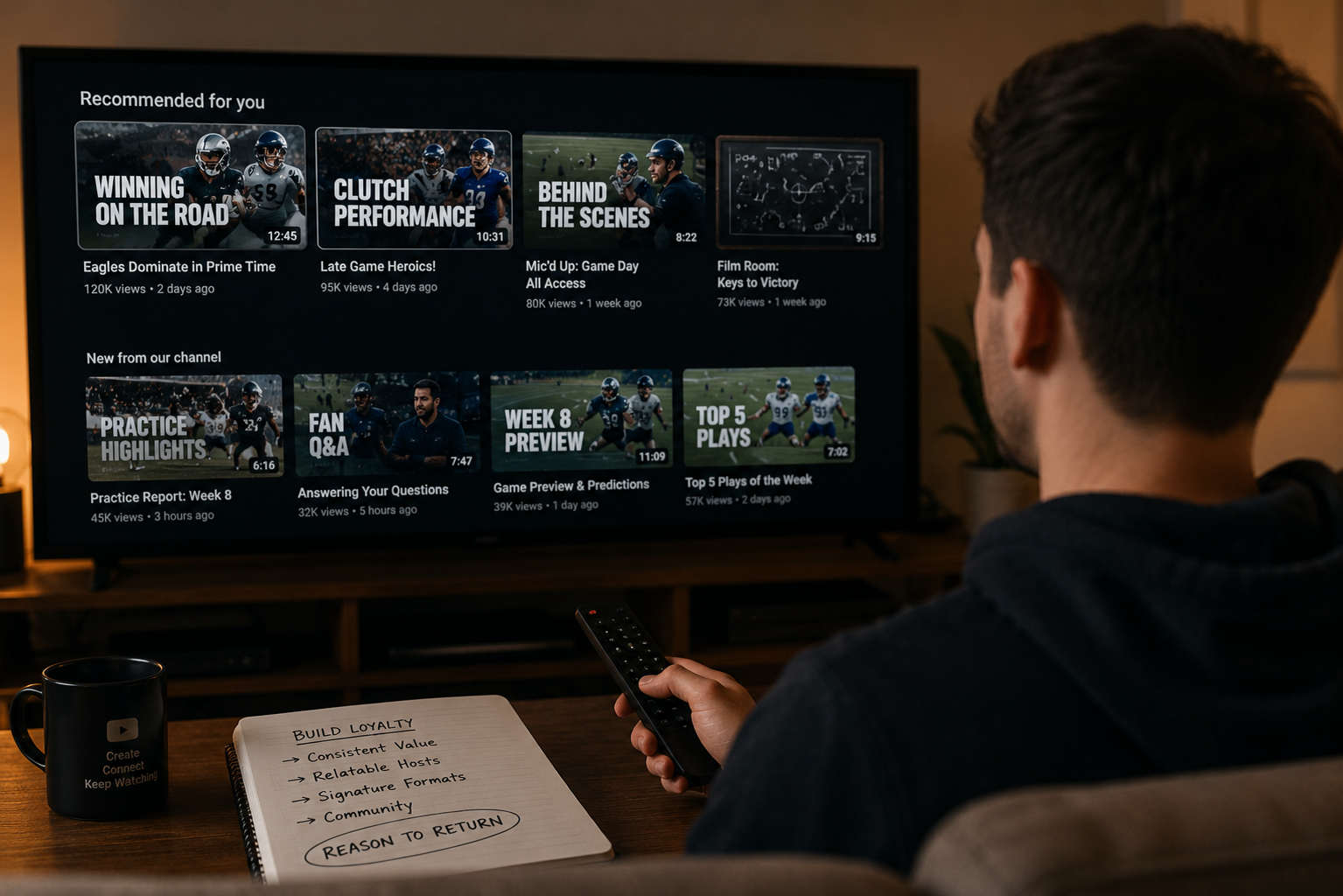 A man watching sports videos on a television, holding a remote control, with a notebook and a mug on a wooden table in front of him.
