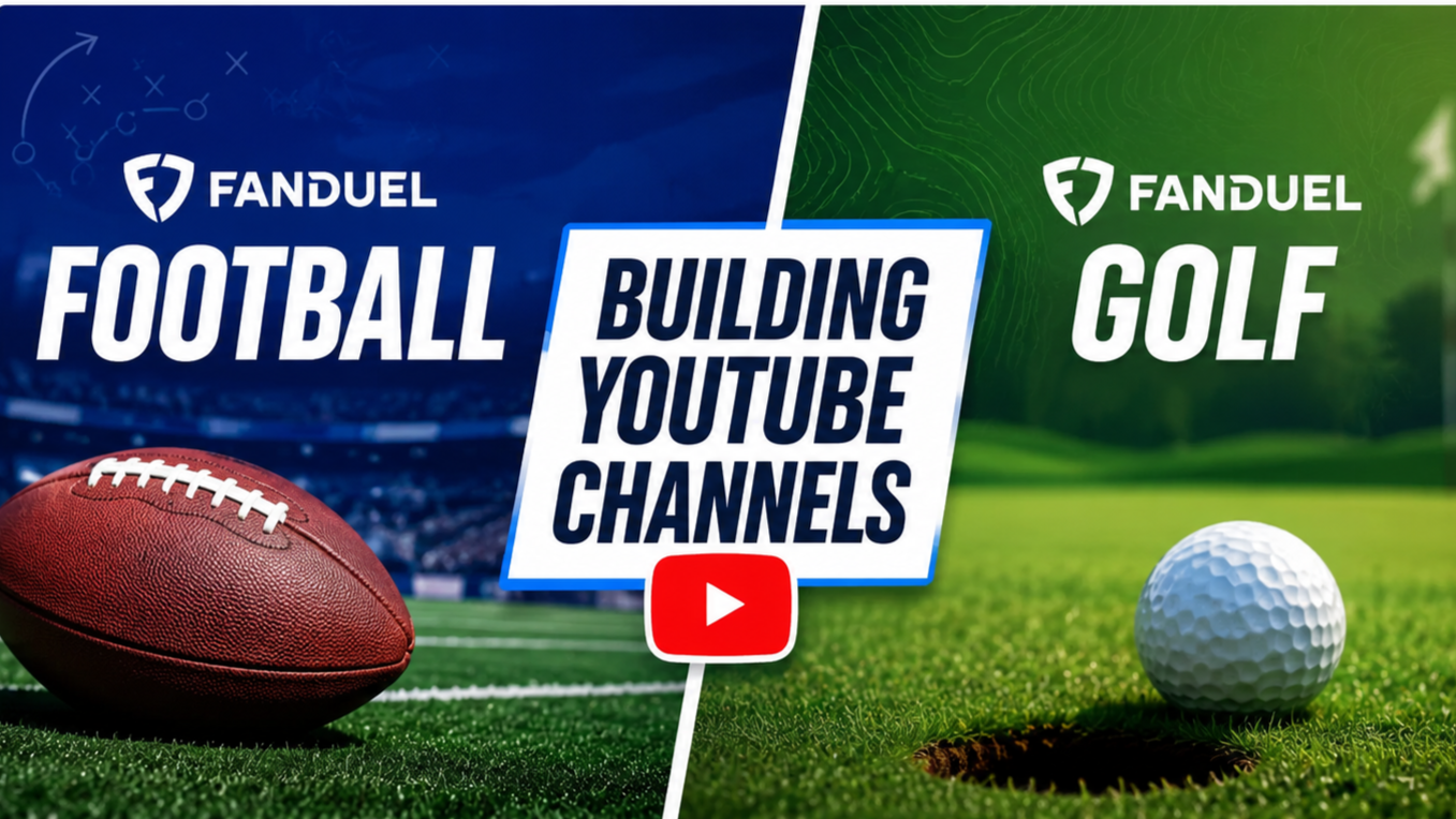 Split-screen graphic with a football on a stadium field on the left and a golf ball on a course on the right. The left side is blue with football graphics, the right side is green with golf course scenery. Center text reads 'Building YouTube Channels' and includes the logos for FanDuel, with additional text for football and golf.