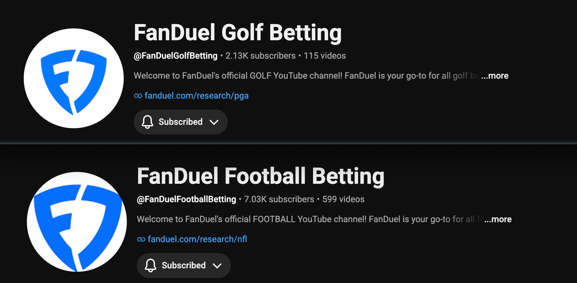 Screenshots of two YouTube channel pages, one titled 'FanDuel Golf Betting' and the other titled 'FanDuel Football Betting,' both with profile pictures of a blue and white fanDuel logo.