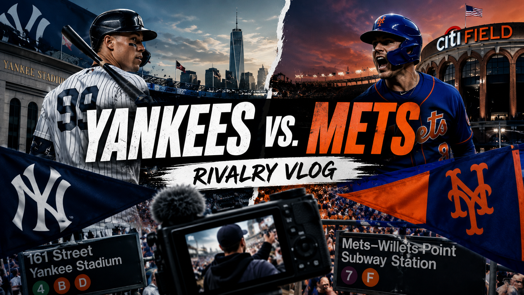 A promotional graphic for a Yankee versus Mets rivalry vlog features a baseball player in a Yankees uniform on the left and a player in a Mets uniform on the right, with New York City skyline and stadium backgrounds.