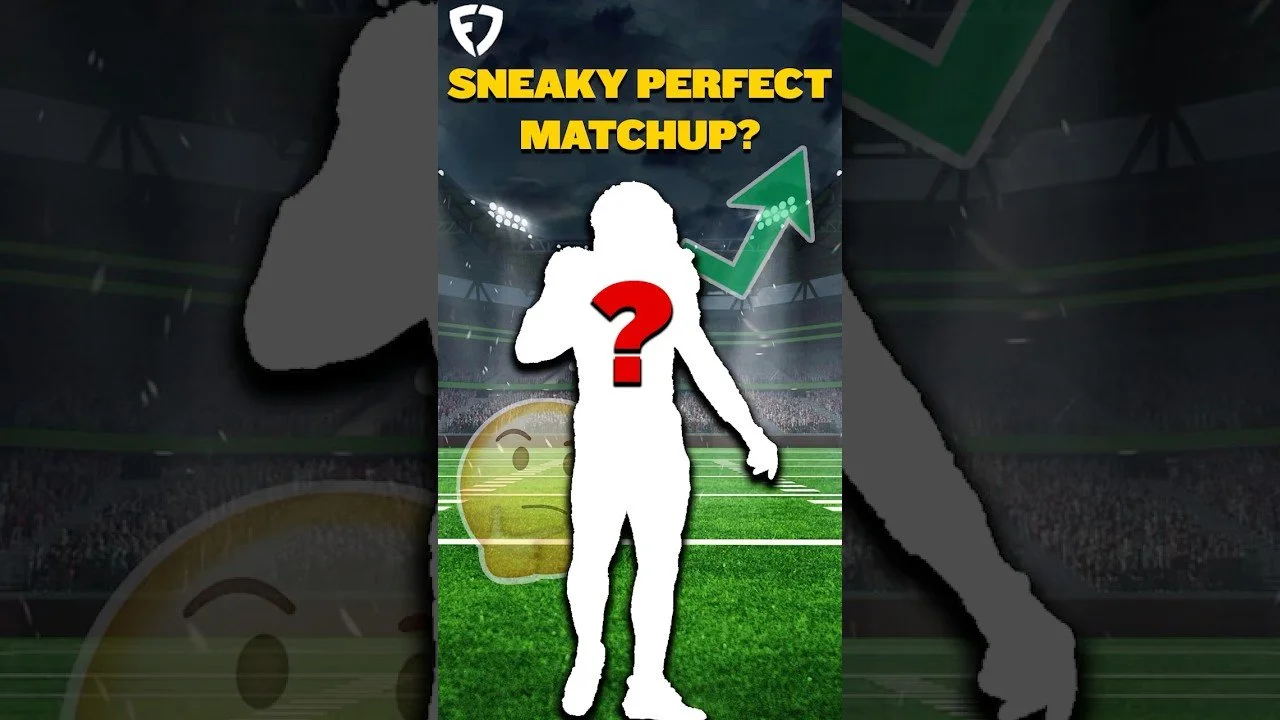 A promotional image featuring a silhouette of an athlete with a red question mark on the chest, a green upward arrow in the background, and the text "Sneaky Perfect Matchup?" at the top. The background shows a stadium with a football field and crowd.