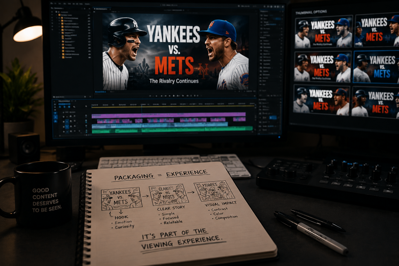 A computer desk setup with two monitors displaying a sports documentary about Yankees versus Mets rivalry, with text and player images. A notebook with notes on packaging and experience, a black mug with the text "Good content deserves to be seen," pens, a keyboard, a controller, and speakers are also visible on the desk.