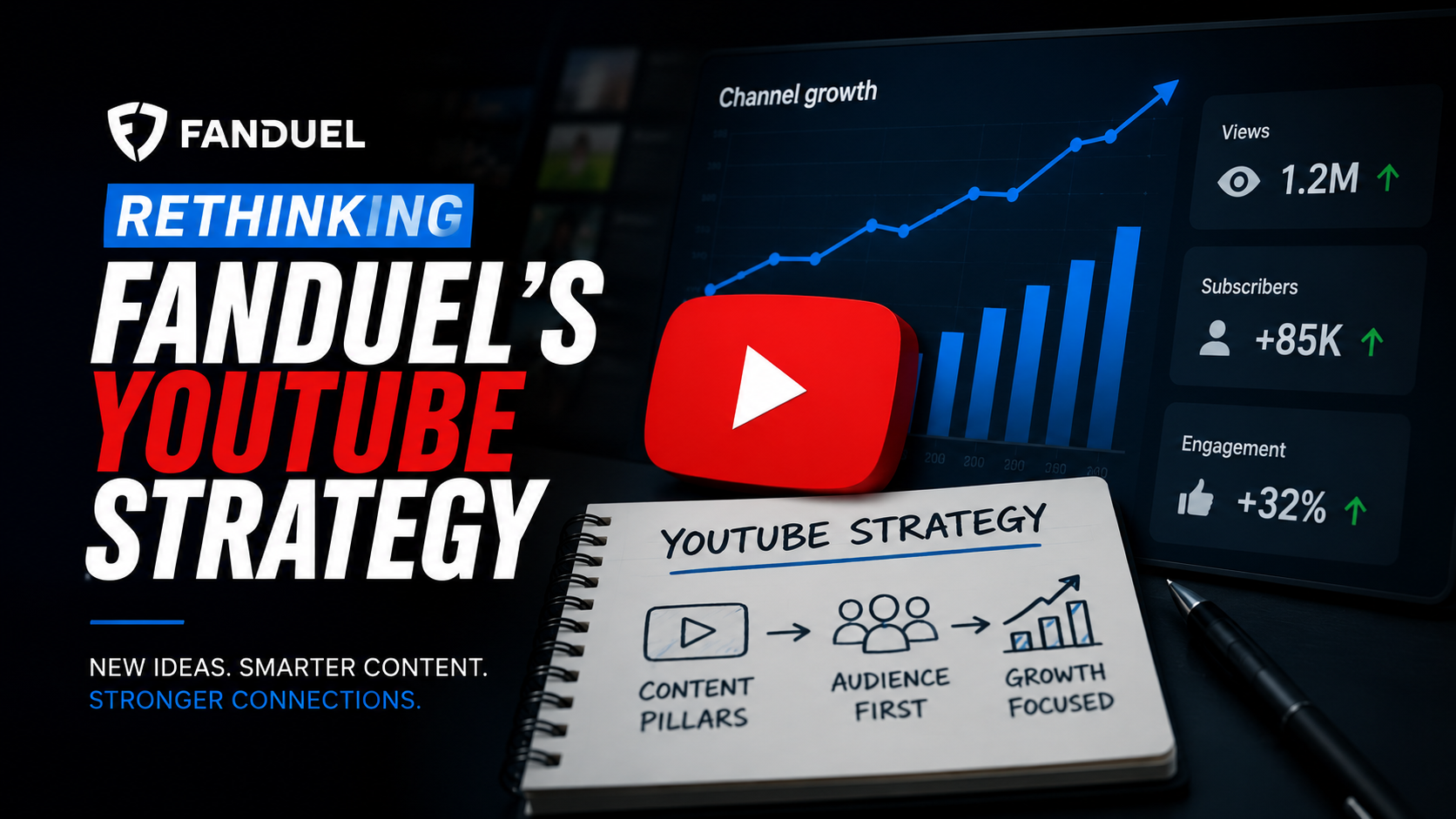 Graphic presentation titled 'Rethinking Fanduel's YouTube Strategy' featuring a growing channel graph, a YouTube logo, a notebook with 'YouTube Strategy' written, and social media growth metrics.