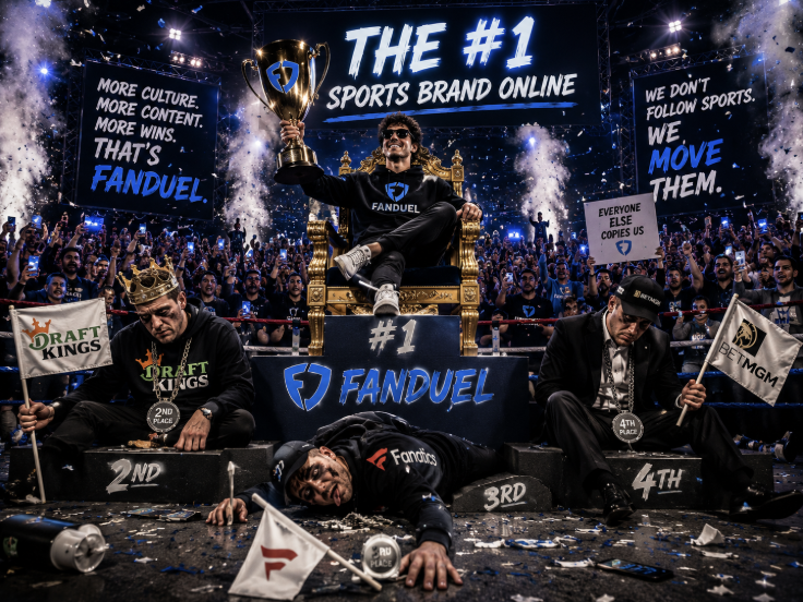 Celebration scene with a man sitting on a throne-like chair holding a trophy, surrounded by smiling crowd. Two men in suits kneeling on the ground, one with a crown and the other with a flag. Large screens and banners display the words "THE #1 SPORTS BRAND ONLINE" and promote FanDuel as the top sports gambling site.