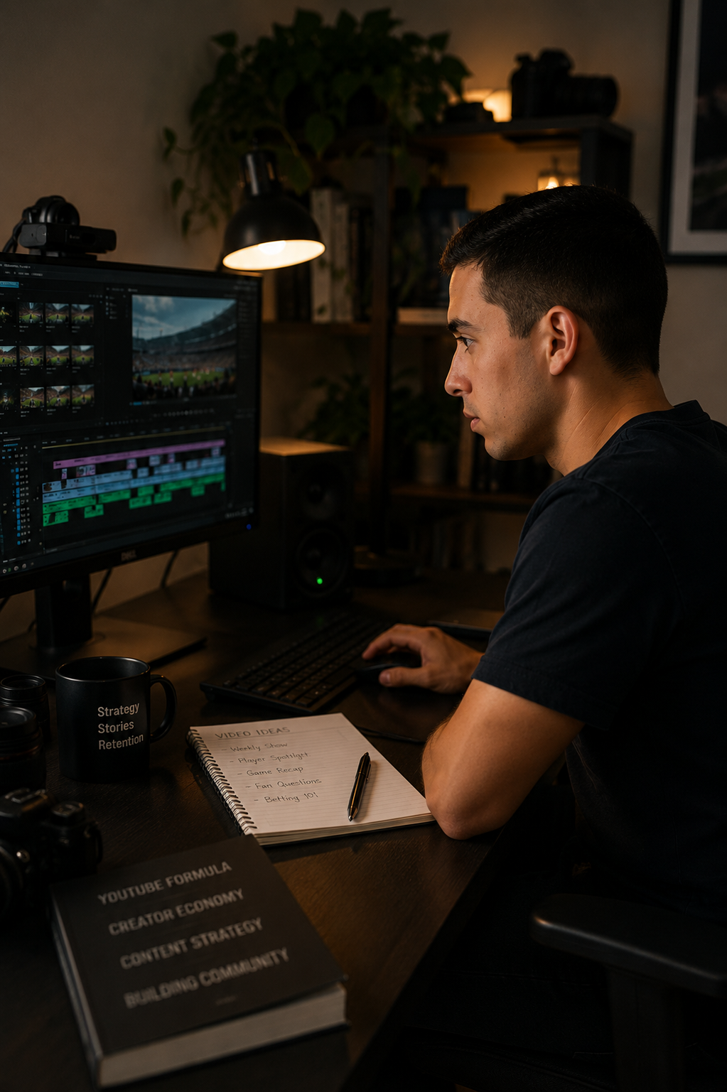 A man working on video editing at a desk in a dimly lit room, with a computer monitor displaying editing software, a notepad with video ideas, a black mug, and a camera on the desk.