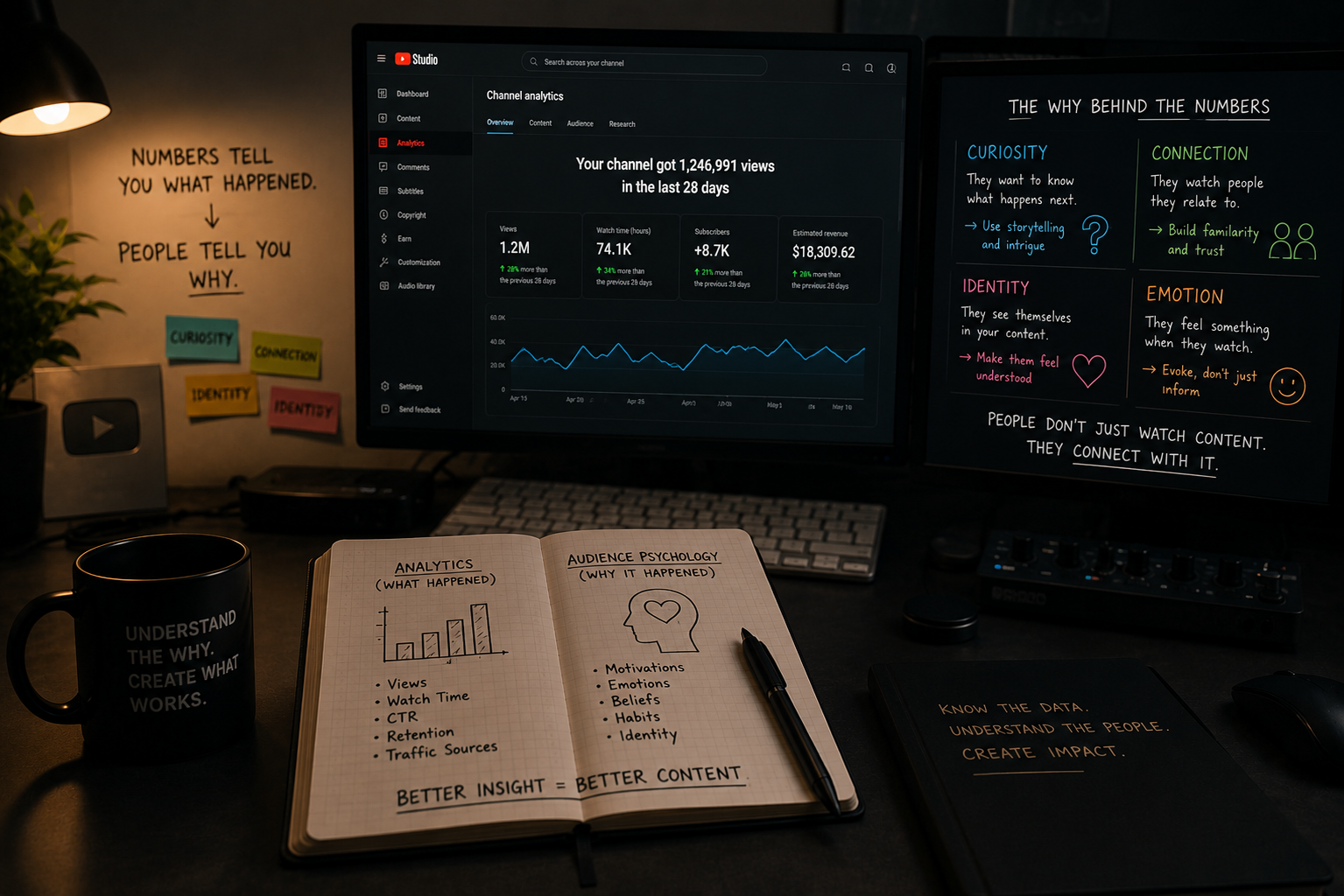 Computer monitor displaying YouTube Studio analytics with statistics including views, watch time, subscribers, and estimated revenue. On the left, sticky notes with words 'Curiosity,' 'Connection,' 'Identity,' and 'Identity.' A notebook titled 'Analytics (What Happened)' and a pen are in front of the monitor. A coffee mug with the text 'Understand the why. Create what works.' is on the left. To the right, a digital tablet with the text 'Know the data. Understand the people. Create impact.' is visible. The workspace has a keyboard, mouse, and some audio equipment. The background features a wall with additional sticky notes and a shelf with a YouTube play button.